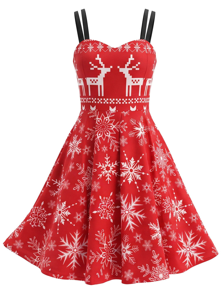 Rotes 50er Weihnachts-Swingkleid mit Rentier- und Schneeflockenprint