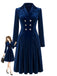 Marineblaues 50er Samtkleid mit Rockfalten und Doppelknopfreihe