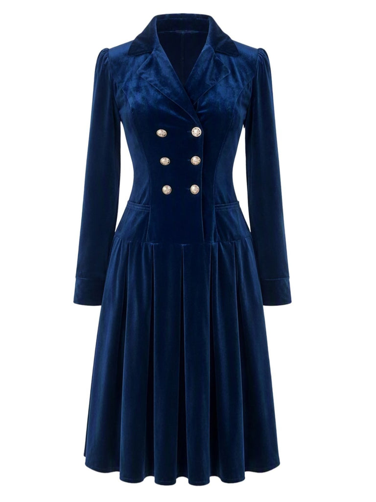 Marineblaues 50er Samtkleid mit Rockfalten und Doppelknopfreihe