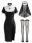 Schwarzes 80er Gothic Nonnenkleid mit Schleier und Strümpfen