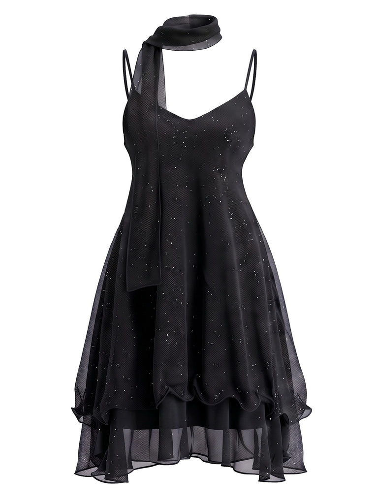 70er Glitzer-Mesh-Minikleid mit Rüschen und passendem Schal