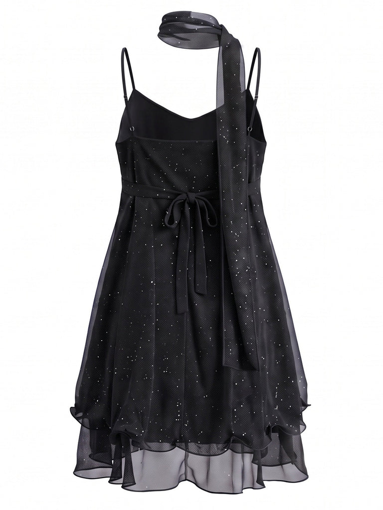 70er Glitzer-Mesh-Minikleid mit Rüschen und passendem Schal