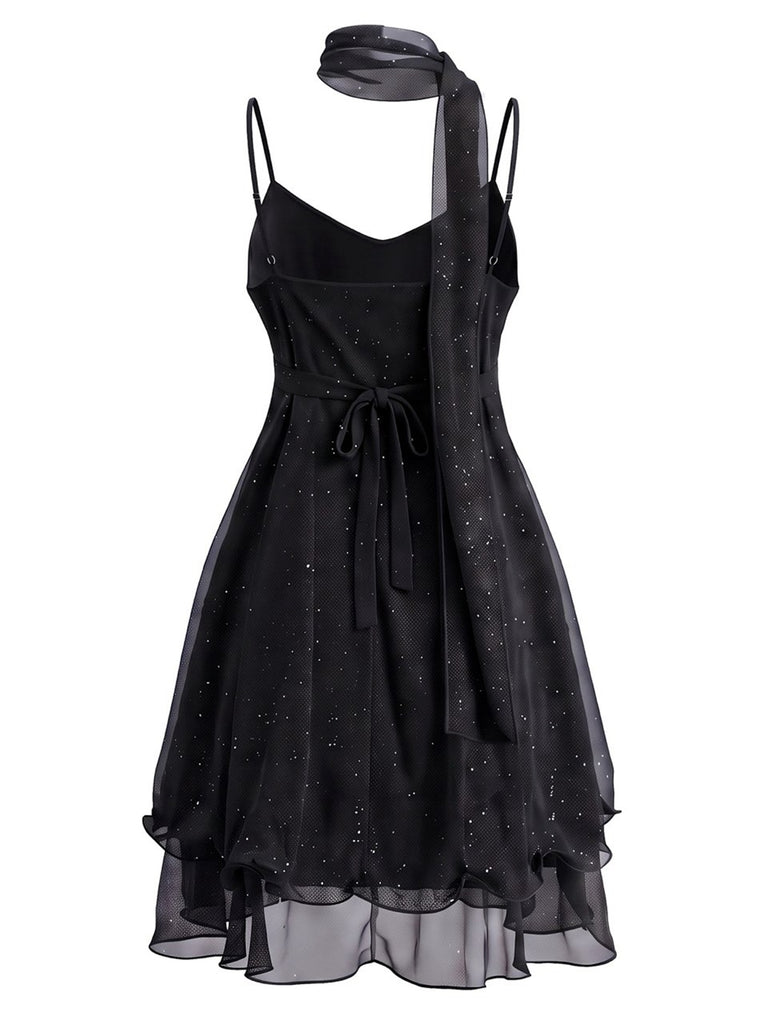 70er Glitzer-Mesh-Minikleid mit Rüschen und passendem Schal
