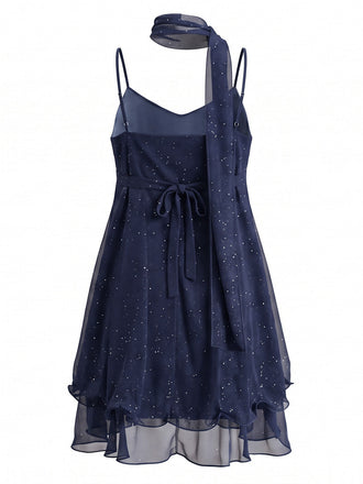 70er Glitzer-Mesh-Minikleid mit Rüschen und passendem Schal