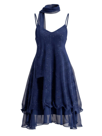 70er Glitzer-Mesh-Minikleid mit Rüschen und passendem Schal