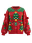 Roter 80er Weihnachtspulli mit Tannenbäumen, Schneeflocken und Pompons