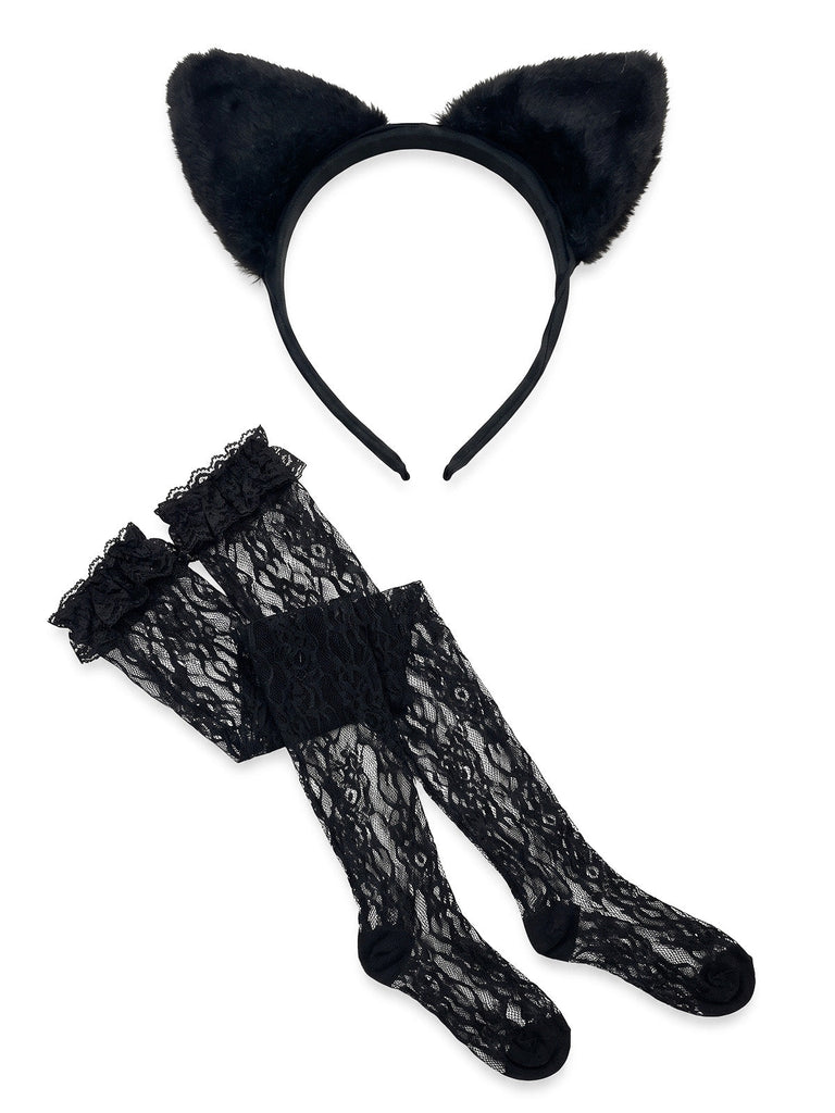 Schwarzes 80er Katzenkostüm mit Samtkleid, Cut-out und Schleife