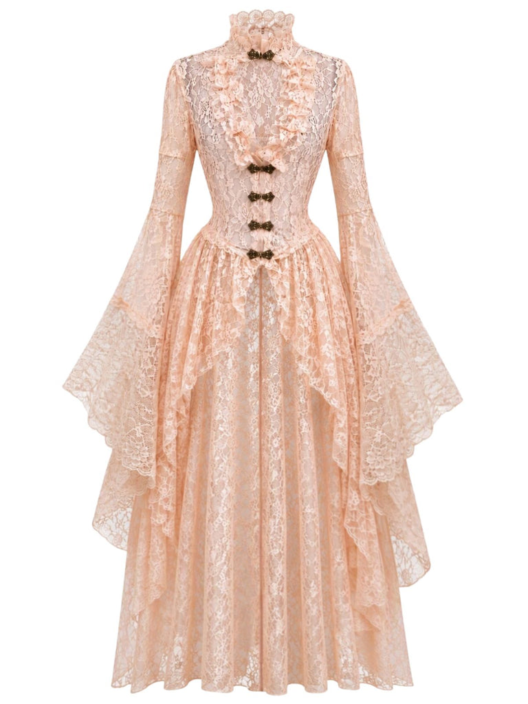 40er Spitzen-Mittelalterkleid mit Stehkragen und Trompetenärmeln