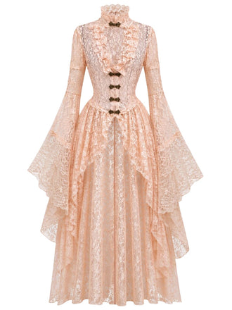 40er Spitzen-Mittelalterkleid mit Stehkragen und Trompetenärmeln