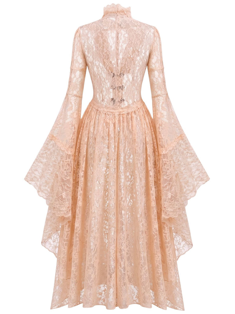 40er Spitzen-Mittelalterkleid mit Stehkragen und Trompetenärmeln
