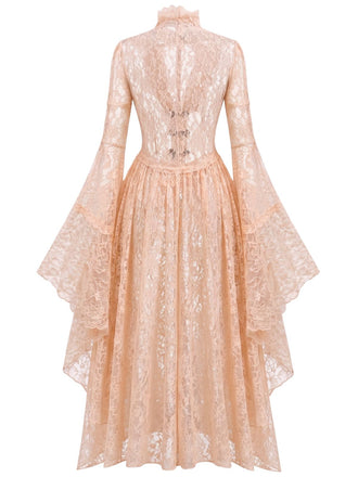 40er Spitzen-Mittelalterkleid mit Stehkragen und Trompetenärmeln