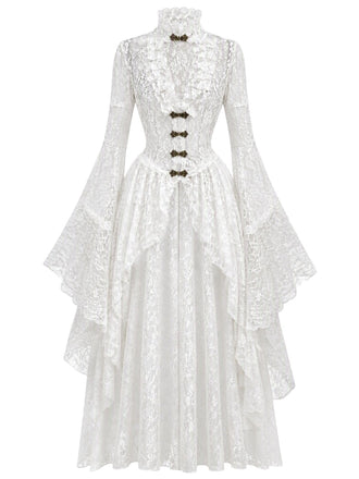 40er Spitzen-Mittelalterkleid mit Stehkragen und Trompetenärmeln