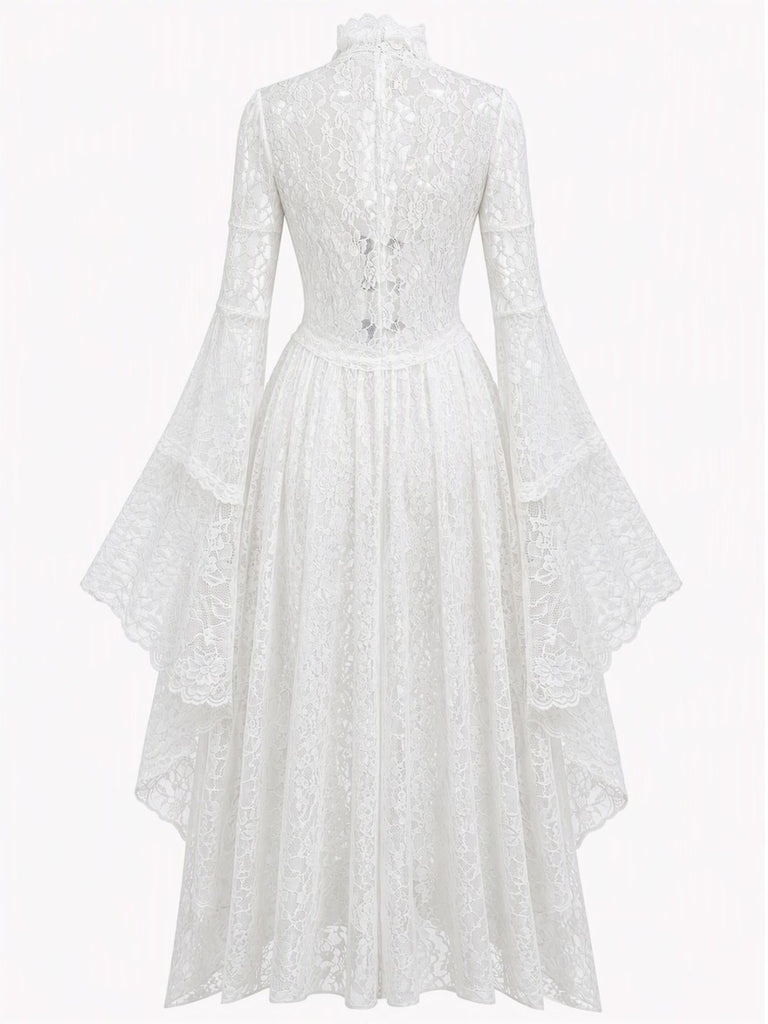40er Spitzen-Mittelalterkleid mit Stehkragen und Trompetenärmeln
