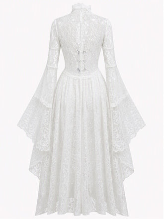 40er Spitzen-Mittelalterkleid mit Stehkragen und Trompetenärmeln