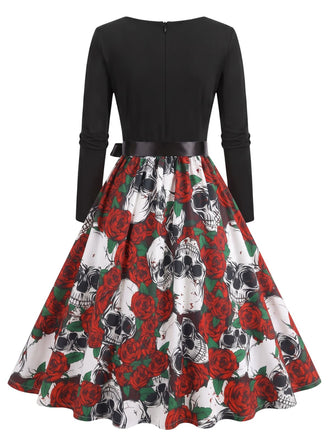 40er Halloween Kleid mit Totenkopf- und Rosenprint