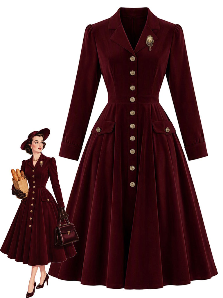 Rotes 40er Samt-Midikleid mit Revers und Taschen