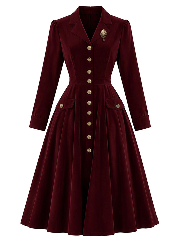 Rotes 40er Samt-Midikleid mit Revers und Taschen