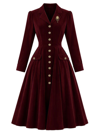 Rotes 40er Samt-Midikleid mit Revers und Taschen