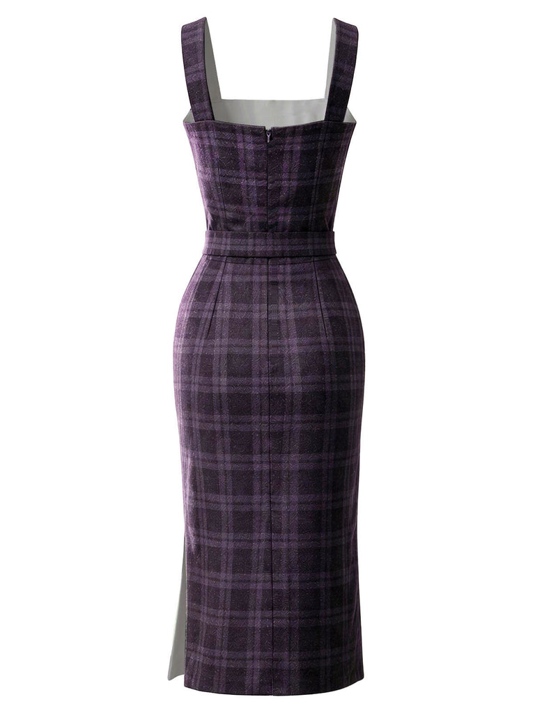 [Vorverkauf] Lila 60er Set aus Karo-Bleistiftkleid und Satinbluse mit Tunnelzugraffung