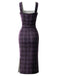 [Vorverkauf] Lila 60er Set aus Karo-Bleistiftkleid und Satinbluse mit Tunnelzugraffung