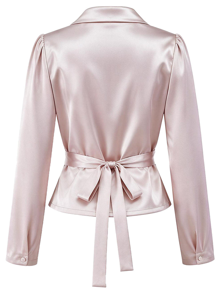Lila 60er Set aus Karo-Bleistiftkleid und Satinbluse mit Tunnelzugraffung