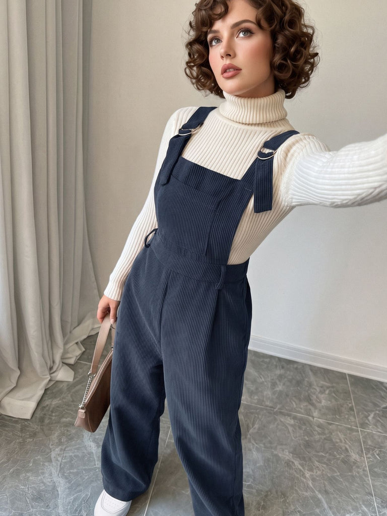 Dunkelblauer 40er Cordjumpsuit mit geradem Bein