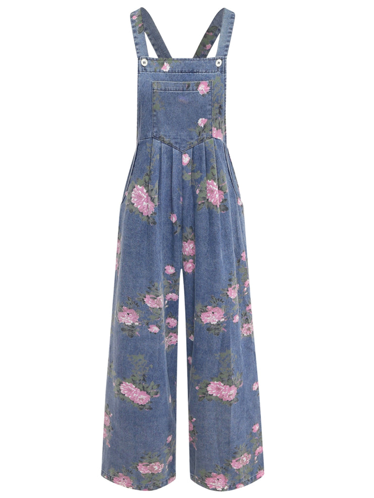 Blauer 40er Jeans-Latzoverall mit Blumen und weitem Bein