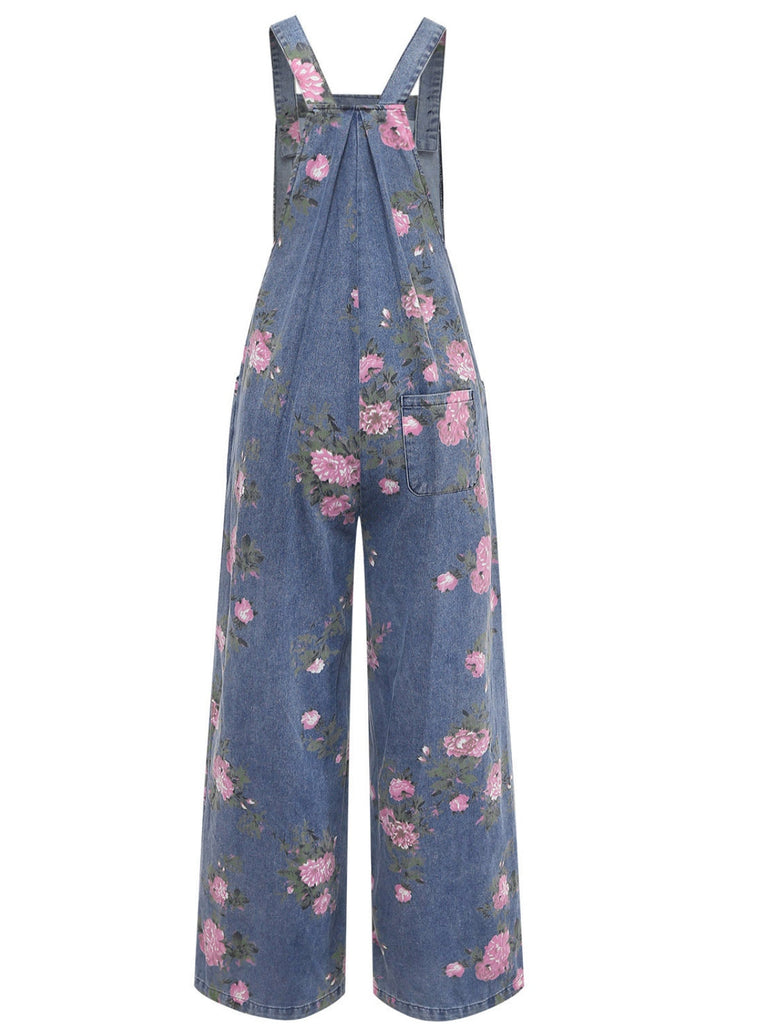Blauer 40er Jeans-Latzoverall mit Blumen und weitem Bein