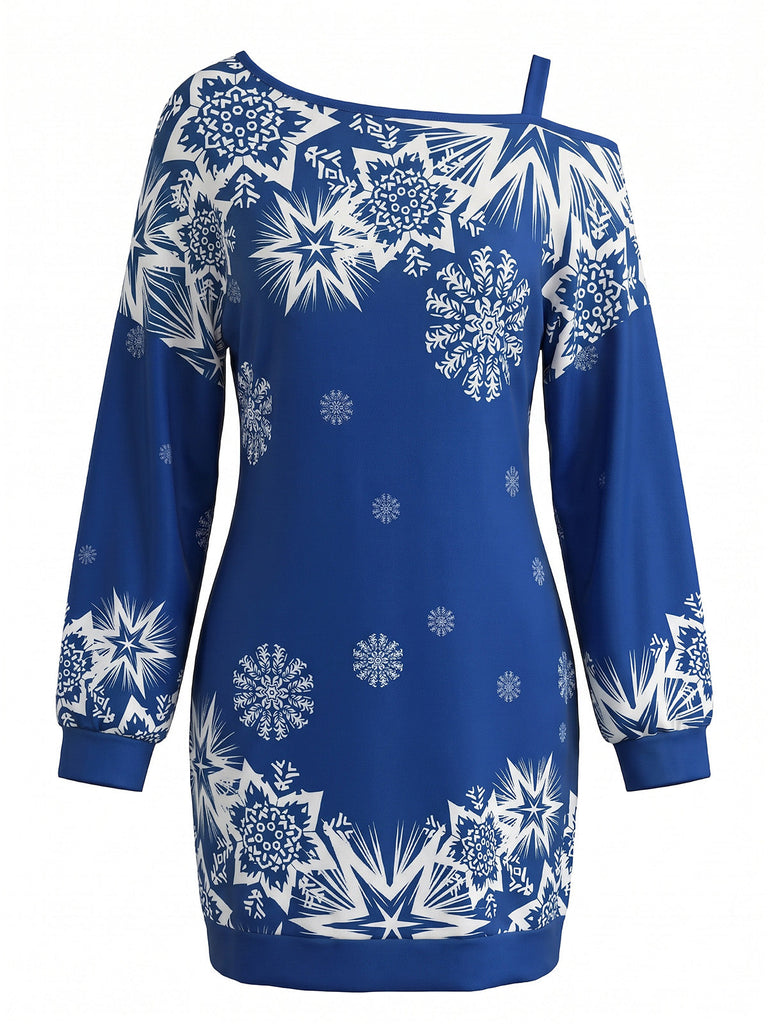 60er Weihnachts-Minikleid mit Schneeflockenprint und One-Shoulder