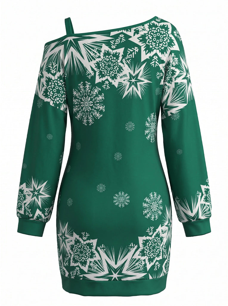 60er Weihnachts-Minikleid mit Schneeflockenprint und One-Shoulder