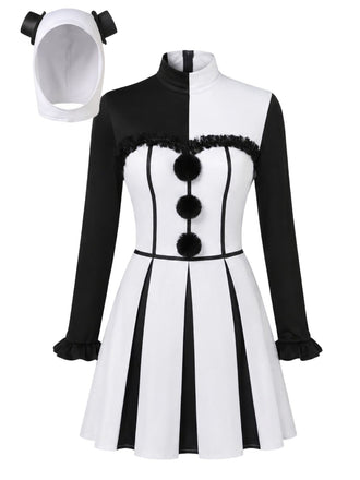 Schwarz-weißes 60er Halloween Clown-Kostüm mit Kopfschmuck