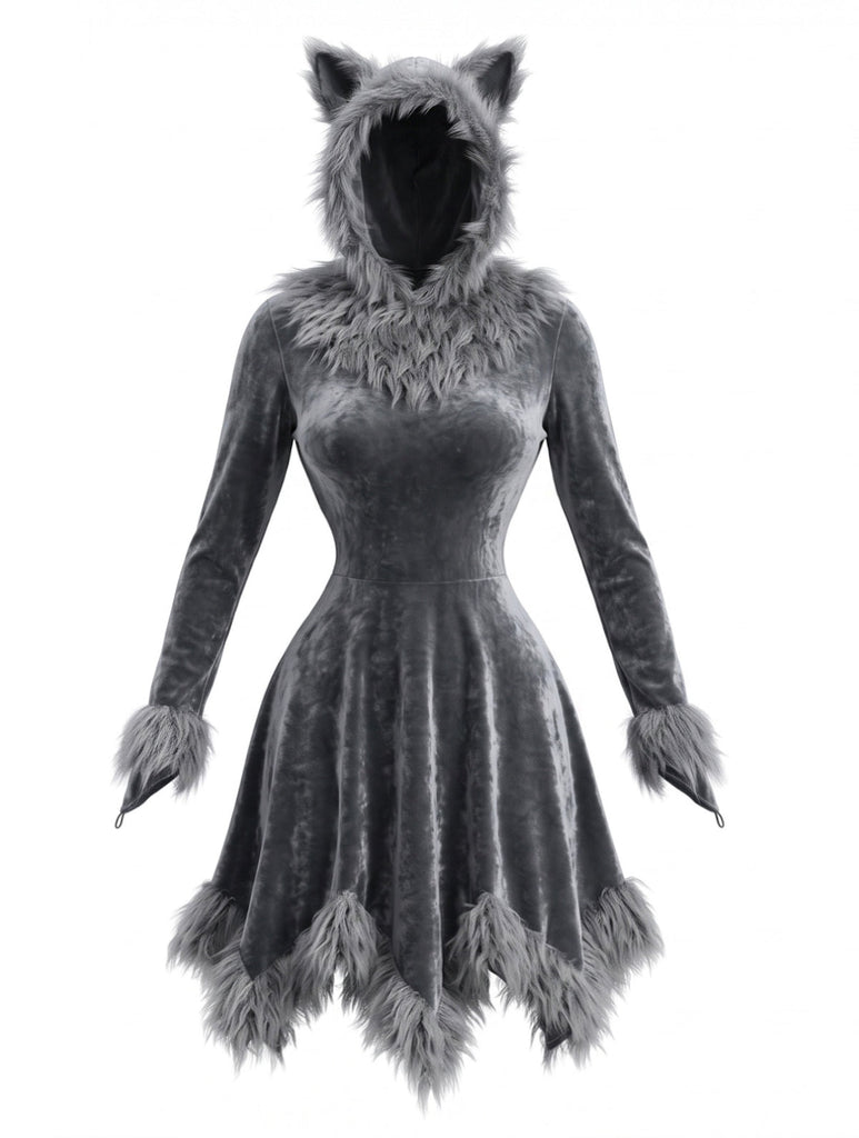 Graues 80er Wolf-Kostümkleid mit Kapuze und Kunstfell