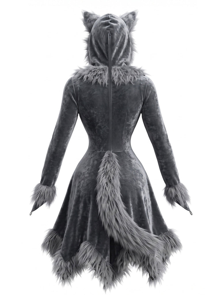 Graues 80er Wolf-Kostümkleid mit Kapuze und Kunstfell