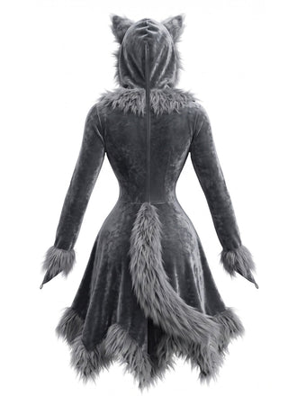 Graues 80er Wolf-Kostümkleid mit Kapuze und Kunstfell