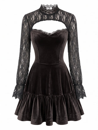 Braunes 70er Samt-Minikleid mit Spitzeneinsätzen und Volantsaum
