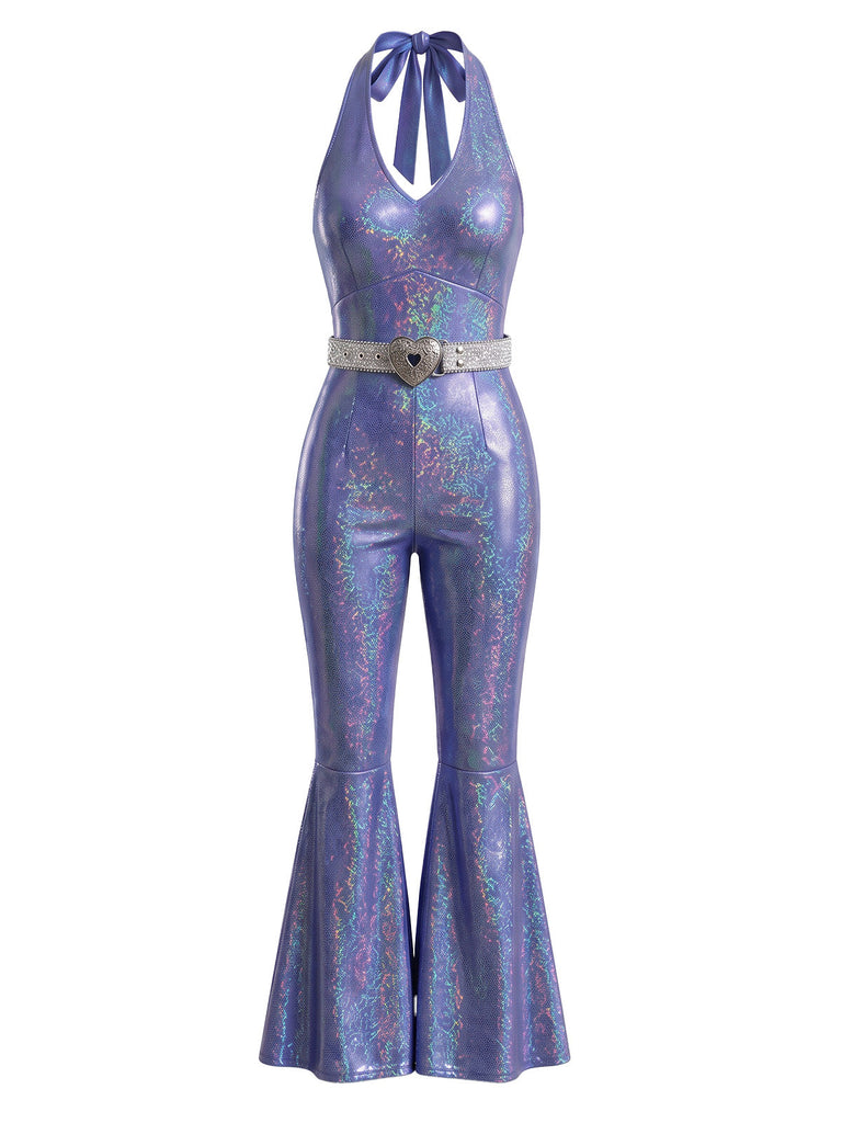 70er Disco-Neckholder-Overall mit irisierendem Metallic-Effekt, Schlag und Gürtel