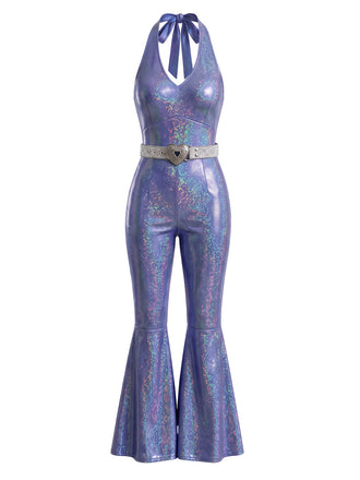 70er Disco-Neckholder-Overall mit irisierendem Metallic-Effekt, Schlag und Gürtel