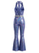 70er Disco-Neckholder-Overall mit irisierendem Metallic-Effekt, Schlag und Gürtel