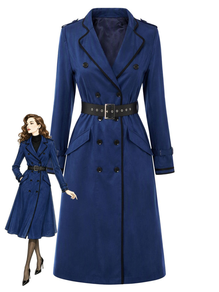 Dunkelblauer zweireihiger 50er Trenchcoat mit Gürtel und Kontrastdetails