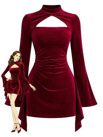 Weinrotes 60er Samt-Neckholderkleid mit Kragen-Cut-out und Raffung