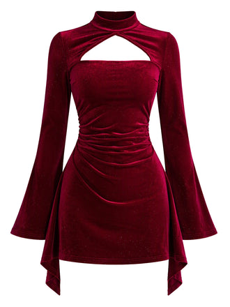 Weinrotes 60er Samt-Neckholderkleid mit Kragen-Cut-out und Raffung