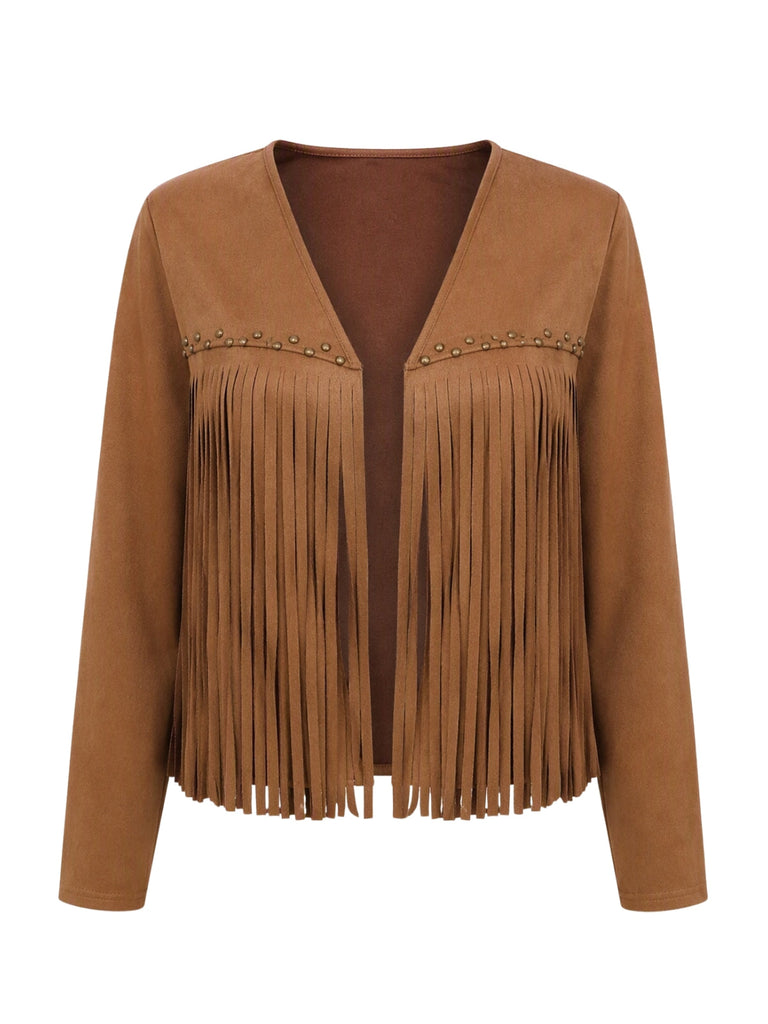 Braune 70er Westernjacke aus Wildlederimitat mit Nieten und Fransen