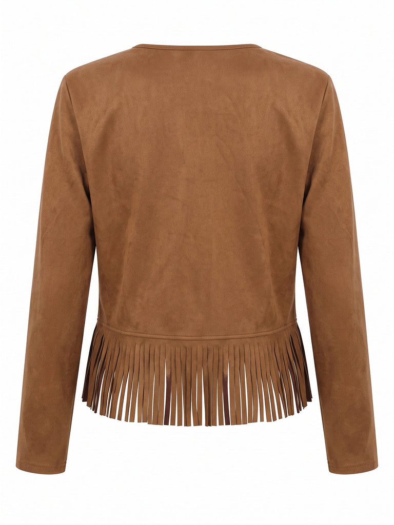 Braune 70er Westernjacke aus Wildlederimitat mit Nieten und Fransen