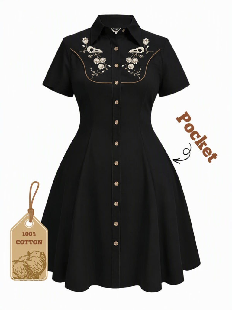 [Übergröße] Schwarzes 50er Westernkleid aus Baumwolle mit Blumenstickerei