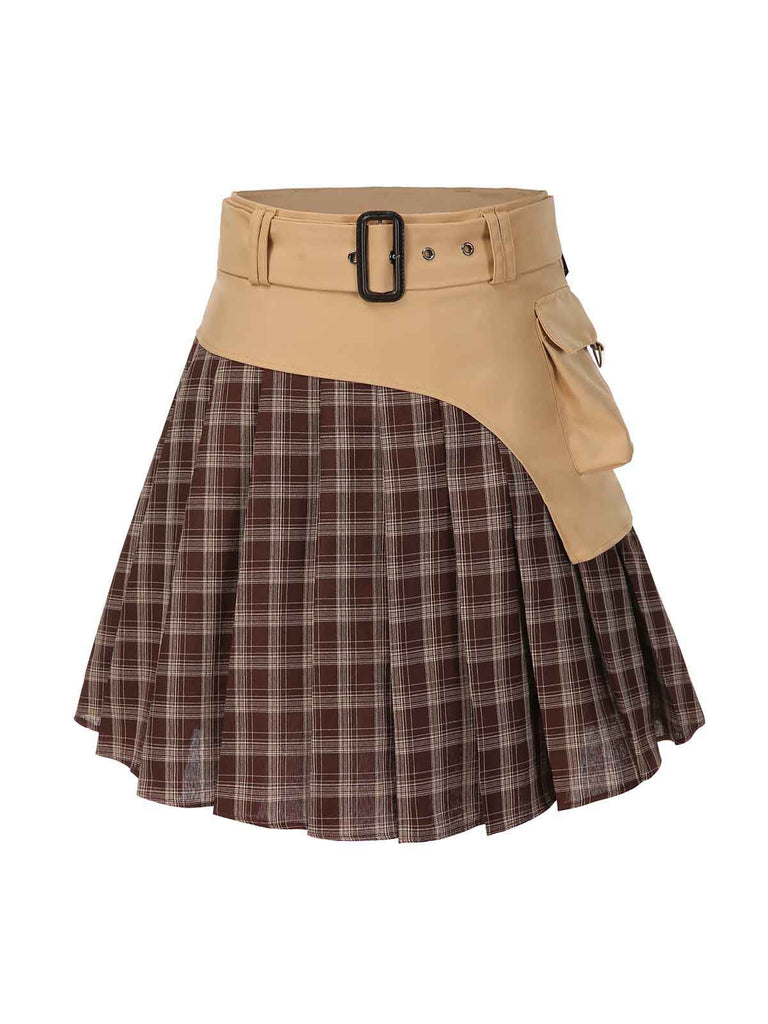 [Vorverkauf] 2PCS Khaki 1960er Plaid Patchwork Jacke & Plissiertes Rock