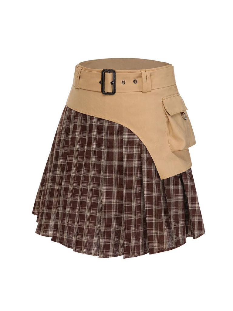 [Vorverkauf] 2PCS Khaki 1960er Plaid Patchwork Jacke & Plissiertes Rock