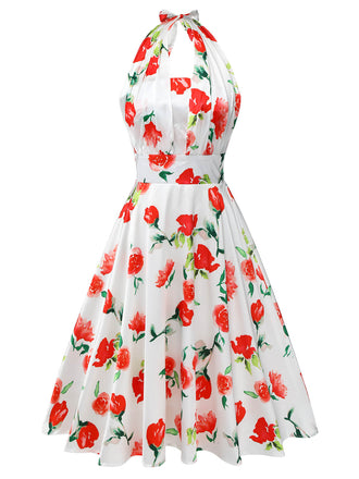 Weißes 1950er Aquarell-Rosen-Trägerkleid