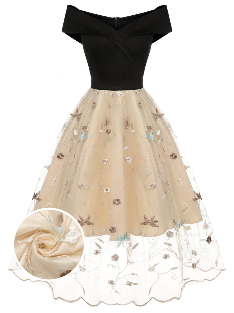 Schwarzes & beigefarbenes 1950er Kleid aus geblümtem Mesh ohne Schultern