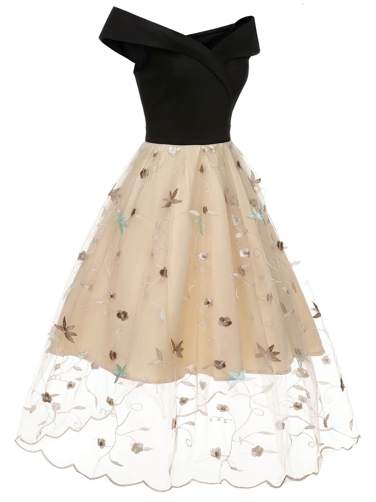 Schwarzes & beigefarbenes 1950er Kleid aus geblümtem Mesh ohne Schultern