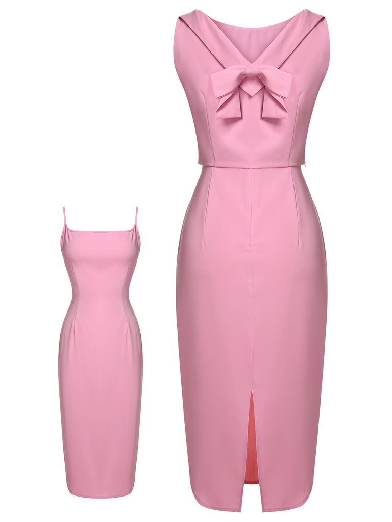 3PCS Rosa 1960er Schleifenbluse & Spaghettikleid & Regenschirm-Rock
